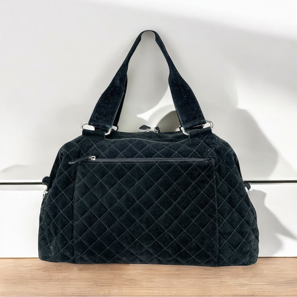 Levenger Black Suede Quilted Duffle Shoulder Bag